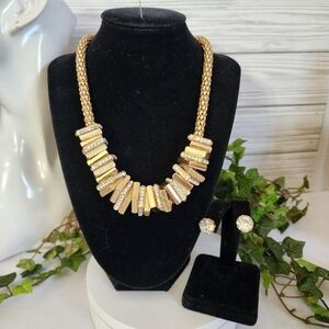Statement Gold Mesh Necklace with Square Rings And Earrings Set